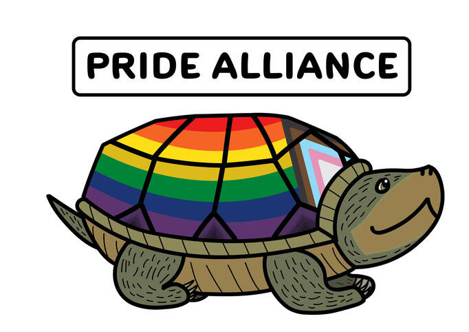 a turtle shell with rainbow colors. the border of the shell is colored with the trans flag stripes. text above the shell says pride alliance