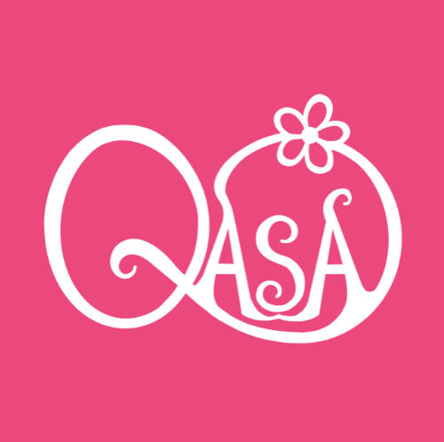 The letters Q A S A in white swirly font on a hot pink background.