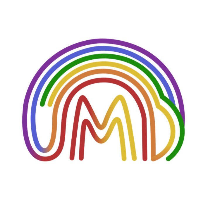 a logo made of long, colorful lines that arch over each other to create a rainbow shape and the letters U M D