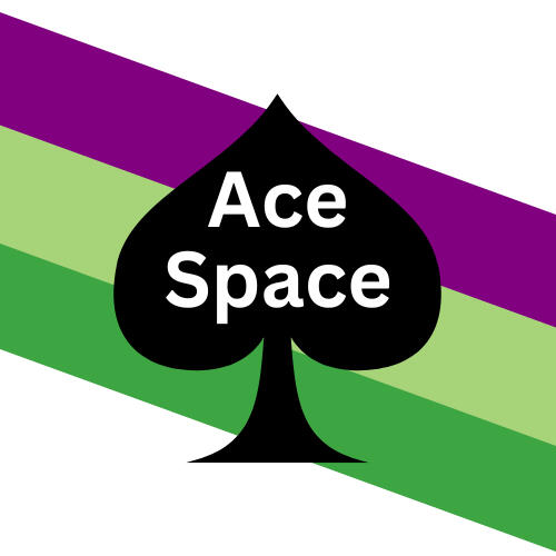 The asexual pride flag with purple text that says AceSpace