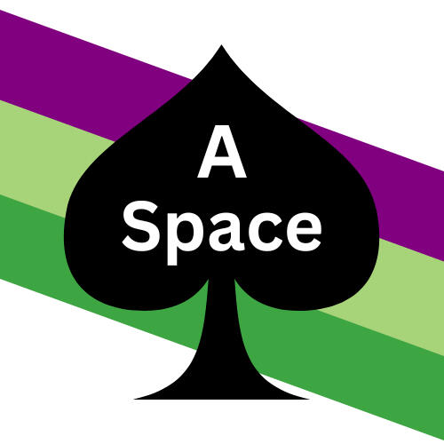 The asexual pride flag with white text that says Ace Space on top of a black spade shape.
