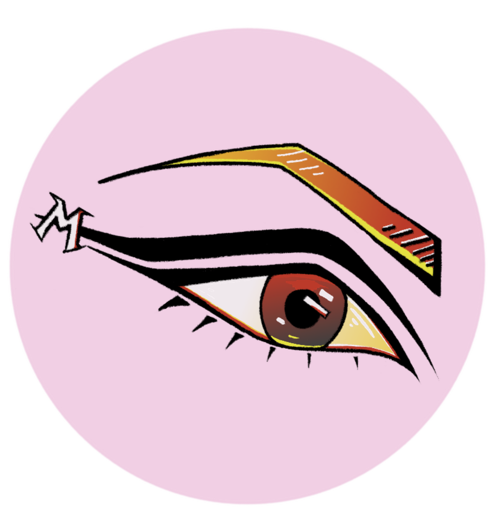 A drawing of an eye with sharp black eyeliner turning into an M near the end of the wing.