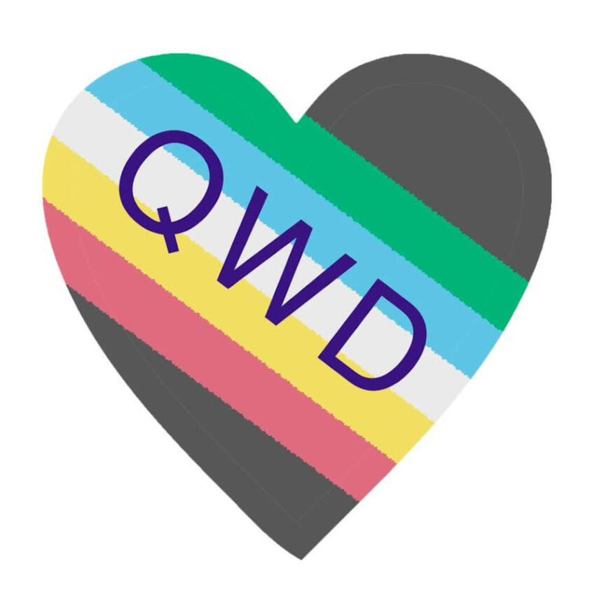 QWD's logo is shown - "QWD" overlayed on a heart encapsulating the disability pride flag.